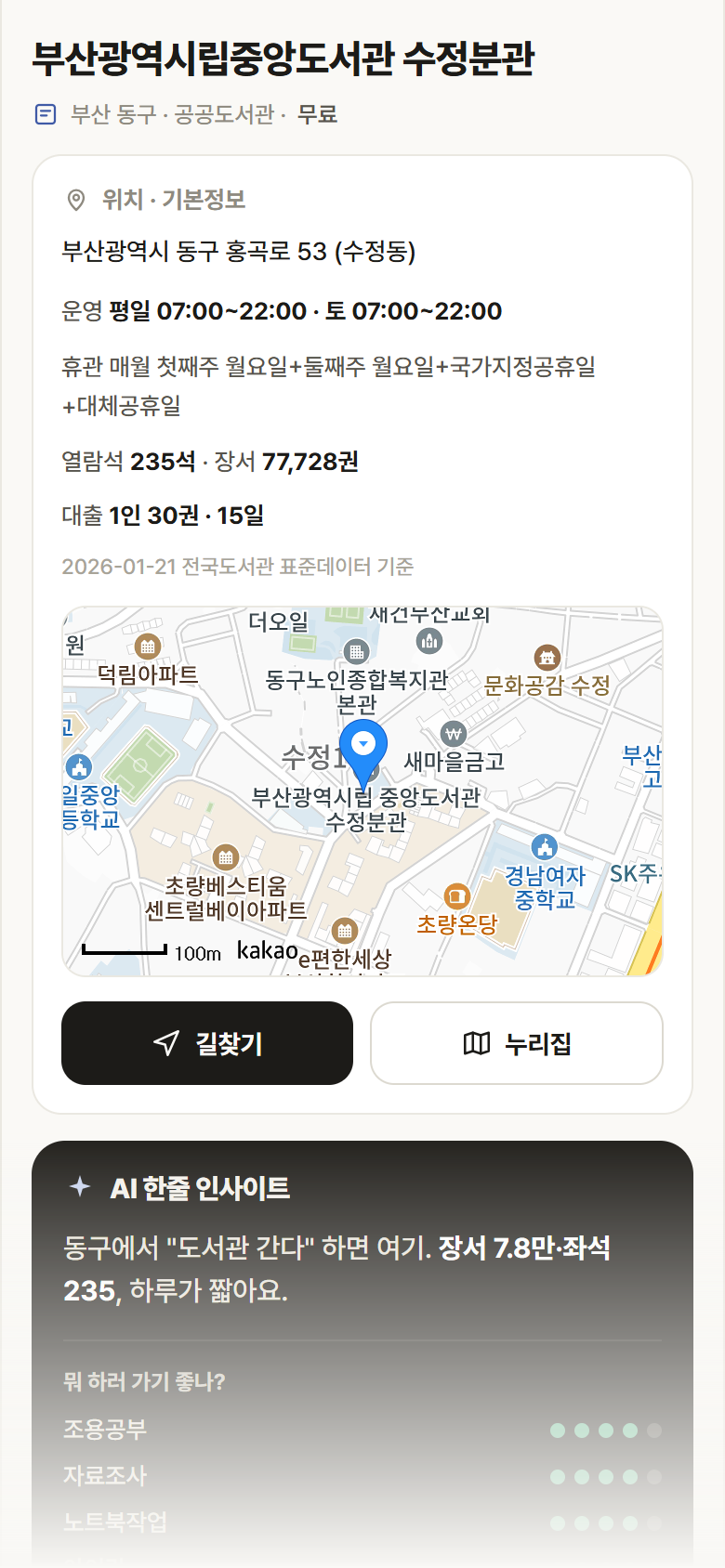 부산광역시립중앙도서관 수정분관 · 공공놀이터 부산 동구 부산광역시립중앙도서관 수정분관 도서관 안내